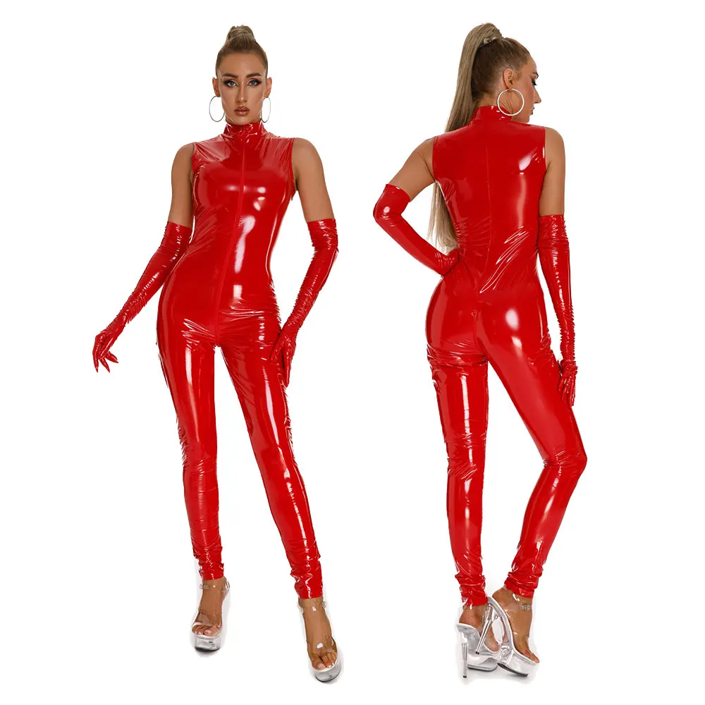 

Sleeveless Zipper Open Crotch Bodycon Jumpsuit Sexy Women Faux Leather Bodysuit PVC Latex Lingerie Night club party Bodysuit