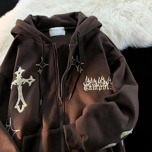 Y2K Cross Embroidery Hoodies Women Vintage Loose Casual Zipper