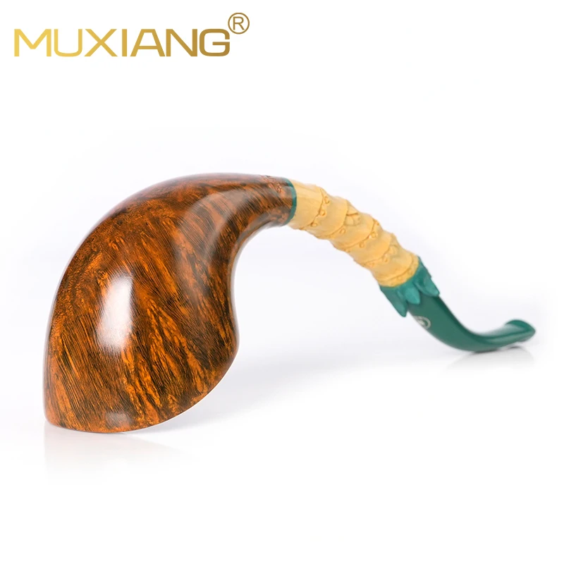 MUXIANG 브라이어 담배 파이프, 손으로 조각한 회양목, 곡선 손잡이, 브라이어 파이프 그릇, 굴착지 파이프 입구, 중국 스타일 파이프
