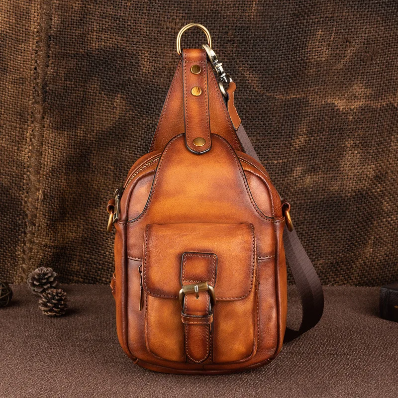 Sacoche Poitrine en Cuir Vintage Décontracté - Sac de Jour