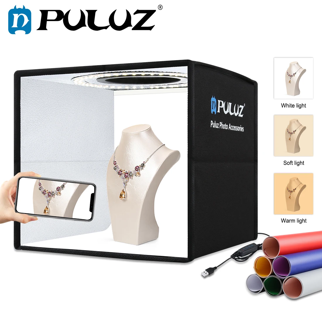 Puluz Softbox 3 Modalità Di Luce A Colori Lightbox Dimmerabile Led Ring Light Box Photo Lighting Studio Shooting Tent Box 6 Colori Fondali