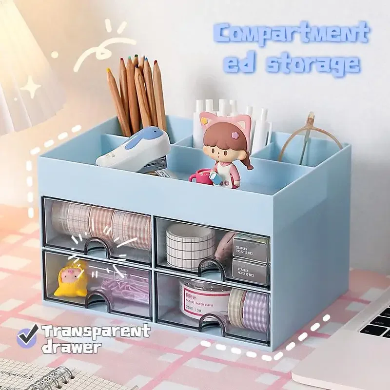 Cute Drawer Desktop Pen Holder Kawaii Large-capacity Desk Stationery Organizer Shelf Office School Student Cosmetics Storage Box