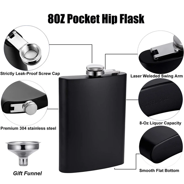 Hip Flasks for Liquor for Men 8 oz 12 Bulk with Funnel Set  Black Matte Metal Stainless Steel for Drinking Whiskey Alcohol Groomsmen  (Black Matte Cap): Flasks