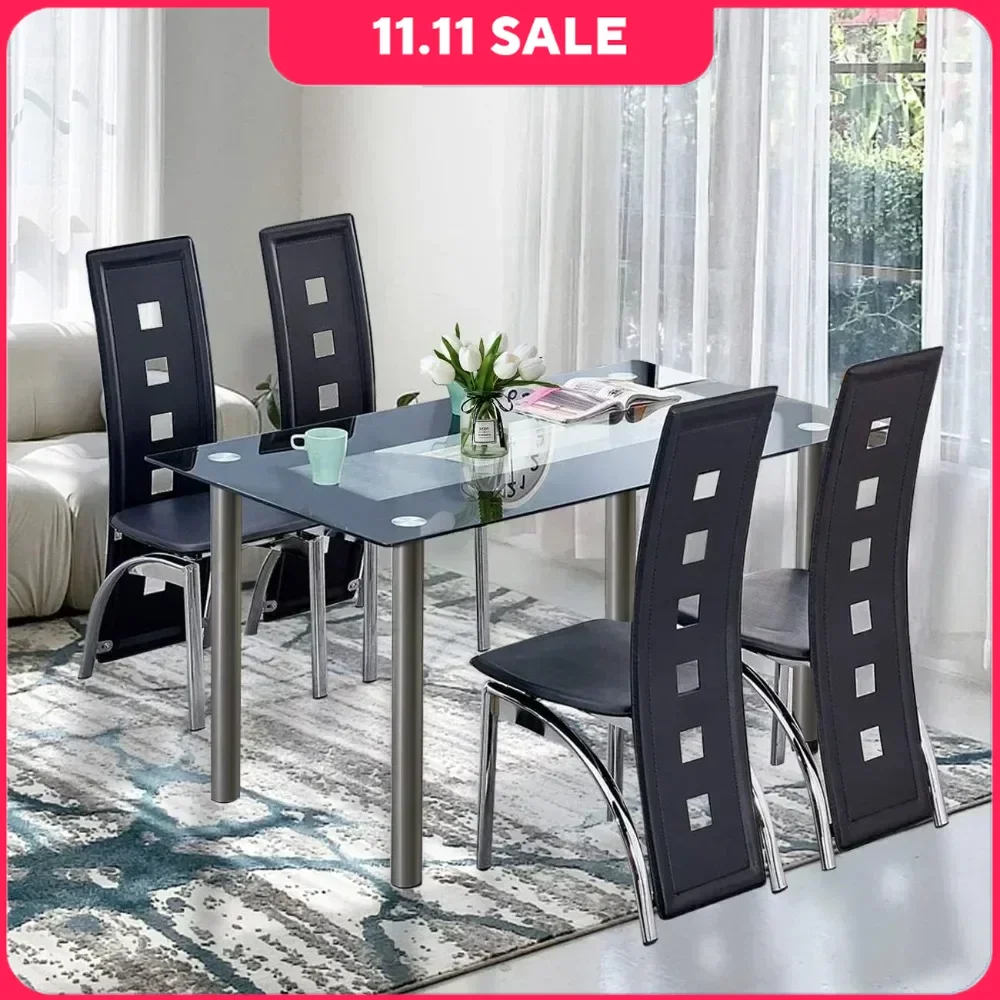4-person Dining Table Set, Small Tempered Glass Dining Table, Kitchen Table and Chair Set Suitable for Small Spaces
