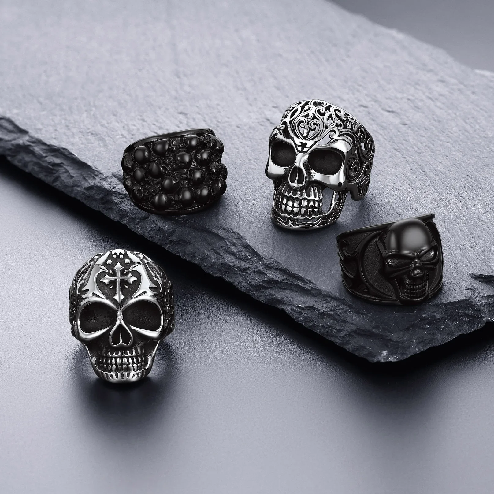 U7 Stainless Steel Big Skull Rings for Man Woman Size 7-14 Cross 3D Skeleton Cuban Chain Celtic Knot Pattern Gothic Punk Jewelry 3