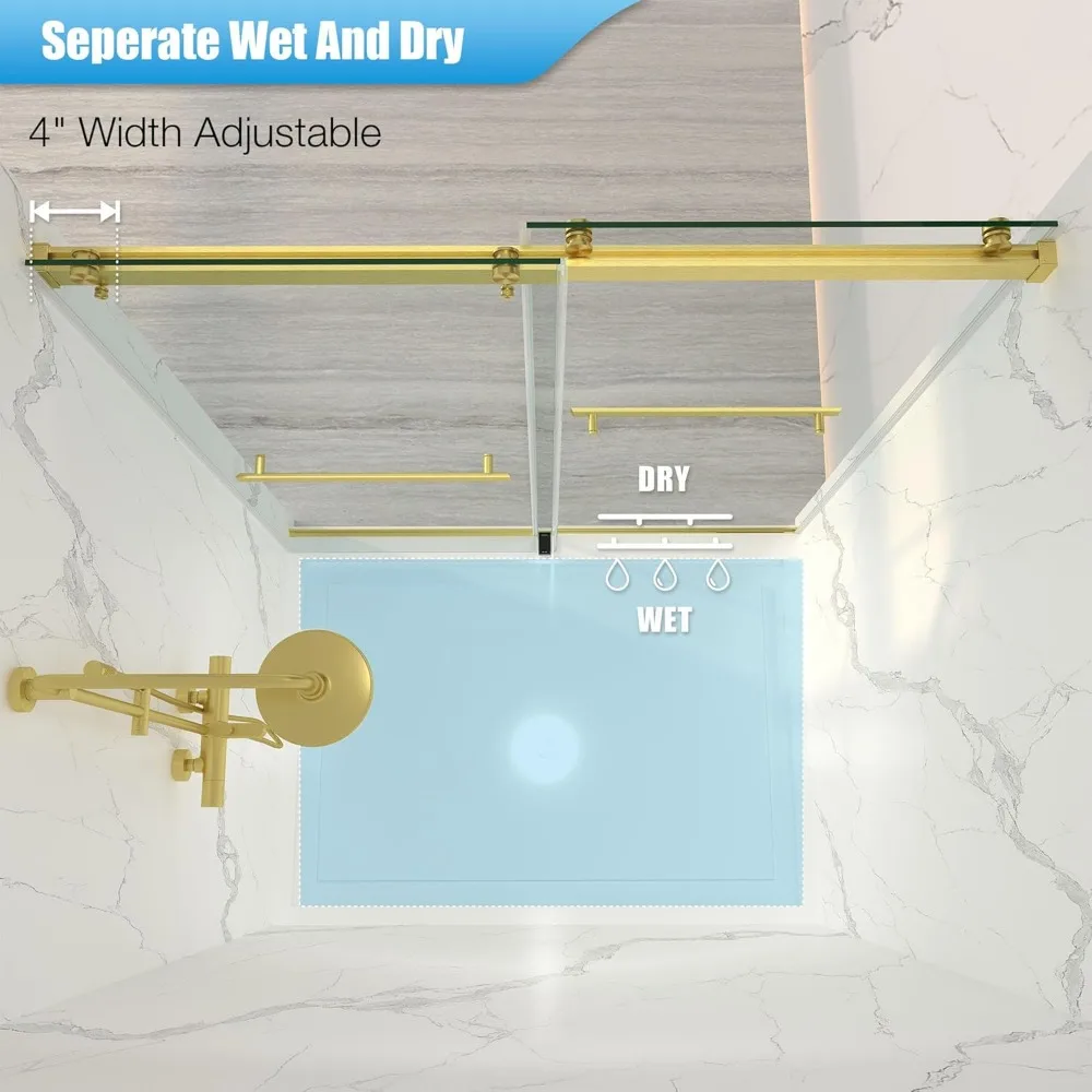 56-60” x 76” Frameless Shower Door, 5/16"Clear SGCC Tempered Glass, Bathroom Dual Sliding Shower Doors, Brushed Gold Shower Door 3