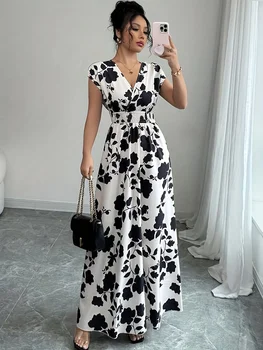 Ladies' elegant black and white floral print V-neck elastic drawstring waist cinching A-line vacation dress 1