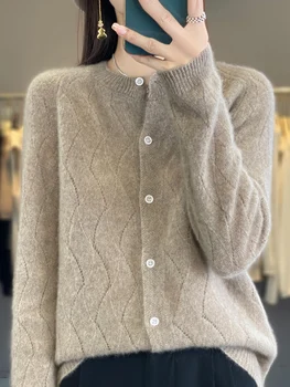 100% Merino Wool Knitwear O-neck Hollow Out Sweater For Women Cardigan Raglan Sleeve Spring Autumn Cashmere Popular Clothes Tops 1