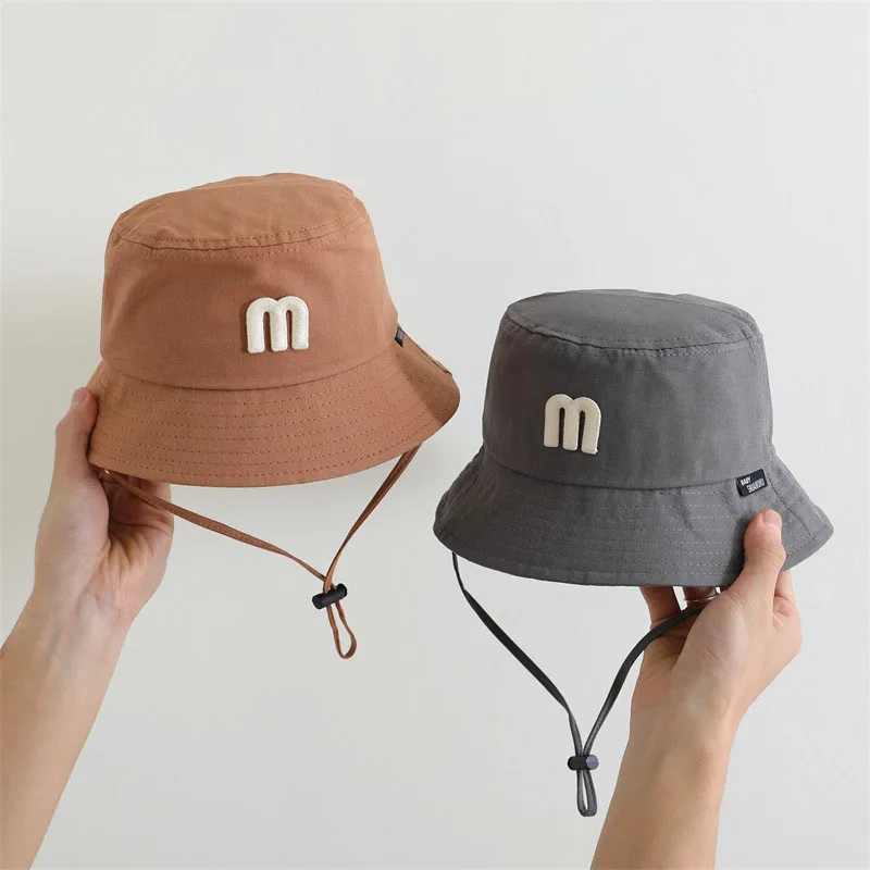 M Letter Children Basin Hat Fashion Kids Drawstring Fisherman Cap Solid Cotton Bucket Hats 1-4year Boy Girl Baby Sunshade Visors 2