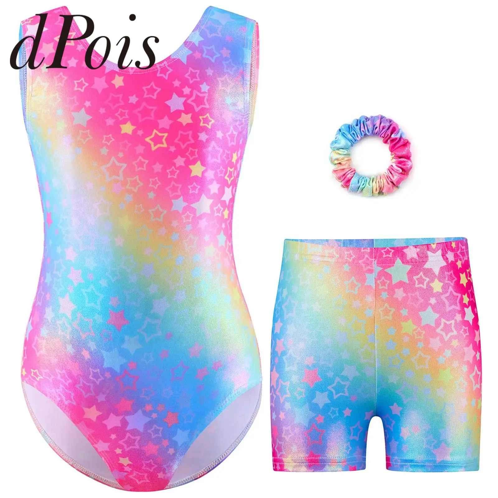 Kids Girls Figure Skating Bodysuit Ballet Outfits Fashion Colorful Leotard with Shorts Children's Gymnastics Jumpsuits Dancewear