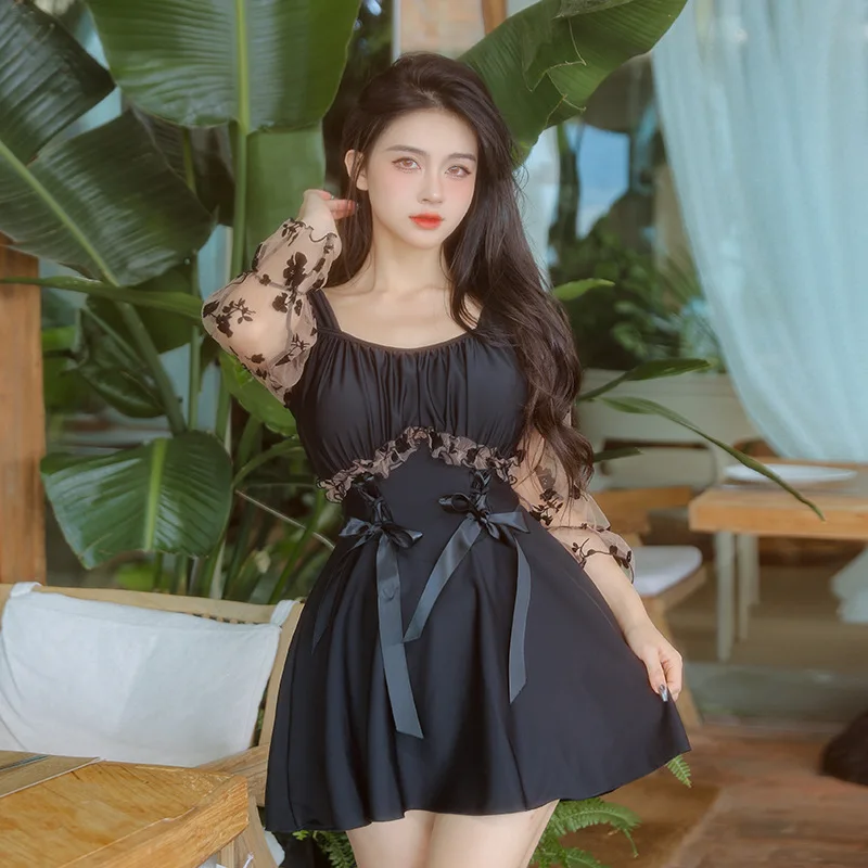 

2023 Plus Size Korea One-piece Swimsuit Women's Plus Size Skirt Style Long-sleeved Coverup Show Thin Small Chest Hot Spring Suit