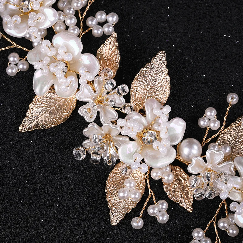 Handmade Ceramic Pearl Flower Leaf Decoration Bridal Wedding Hair Accessories Double Hair Combs