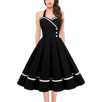 Halter Backless Pleated Big Swing Dresses Women Summer Retro 50s 60s Rockabilly Party Vintage Dress Pinup Elegant Evening Dress 2
