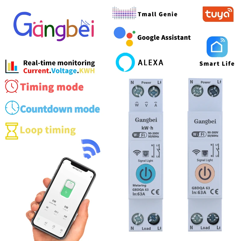 TUYA GBDQA 63A 1P+N WIFI Smart Switch Energy Meter Kwh Metering Monitoring Circuit Breaker MCB Remote Control Circuit Breaker