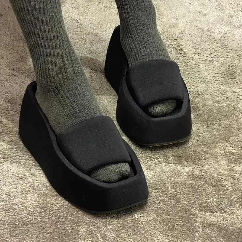 

Platform Slides Square toe Open Toes Shoes Women Wedge Slip-on Zapatillas Mujer Outwear Leisure Slippers