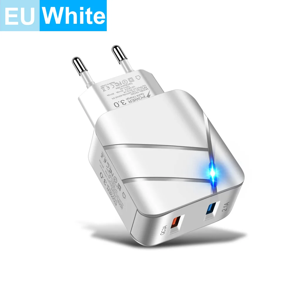 28W Lighted QC3.0+2.1A USB Universal QC3.0 Fast Charging Dual USB Port EU Plug Phone Charger Adapter for Samsung Xiaomi iPhone
