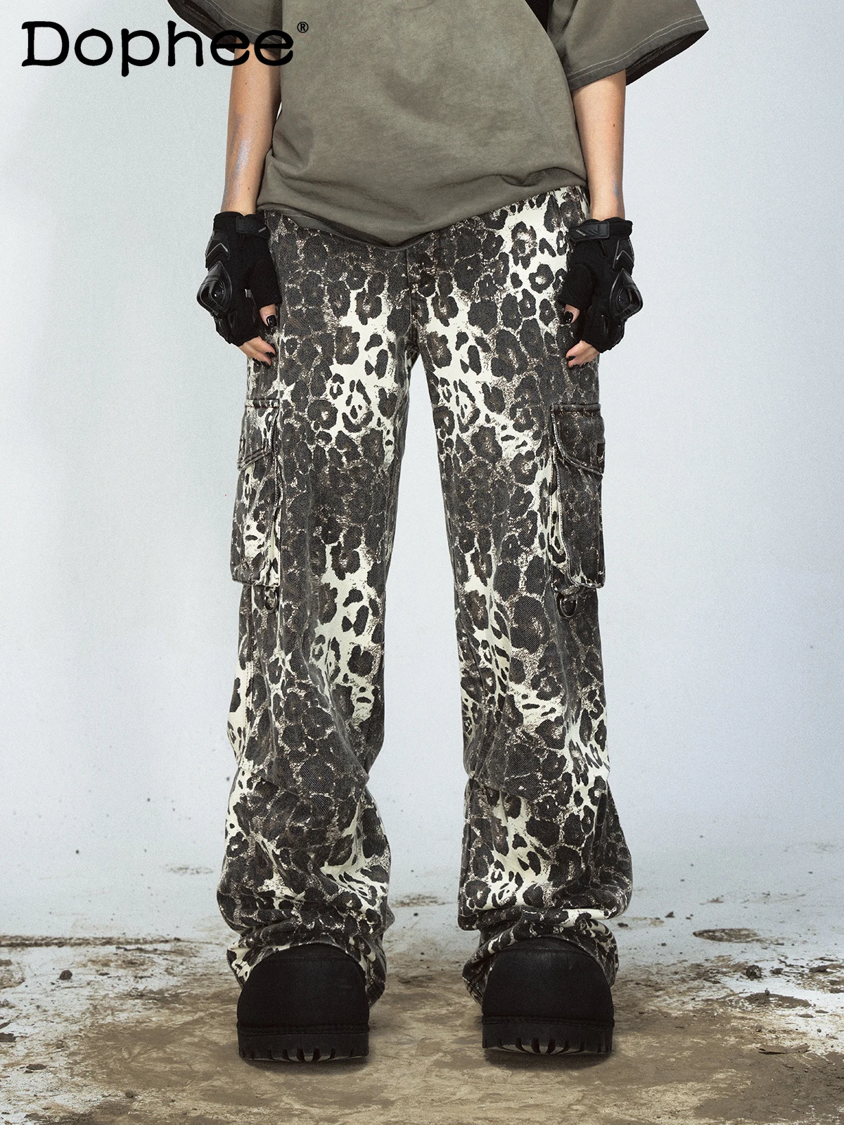 Fashionable 2024 Leopard Print Youth Popularity Trousers Multi-Pocket Straight Pants Retro Loose Comfort Casual Cotton Trousers