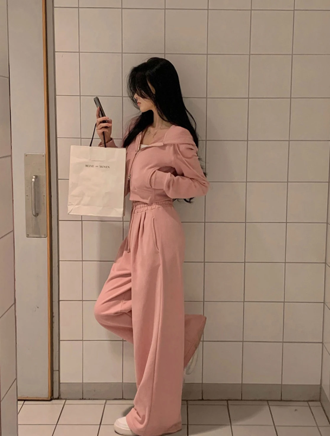 Korean Fashion Streetwear 2-piece Pants Set Women Tracksuit Autumn New Hooded Zip-up Crop Top Long Pants Casual Solid Outfits