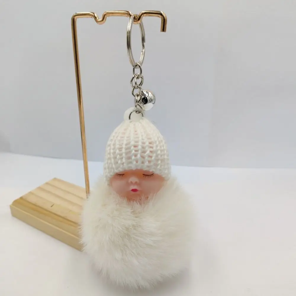 Sleeping Baby Key Ring Bag Pendant Pompom Key Buckle Faux Rabbit Fur Keyrings Plush Knitted Hat Keychain Fluffy Jewelry Key Ring