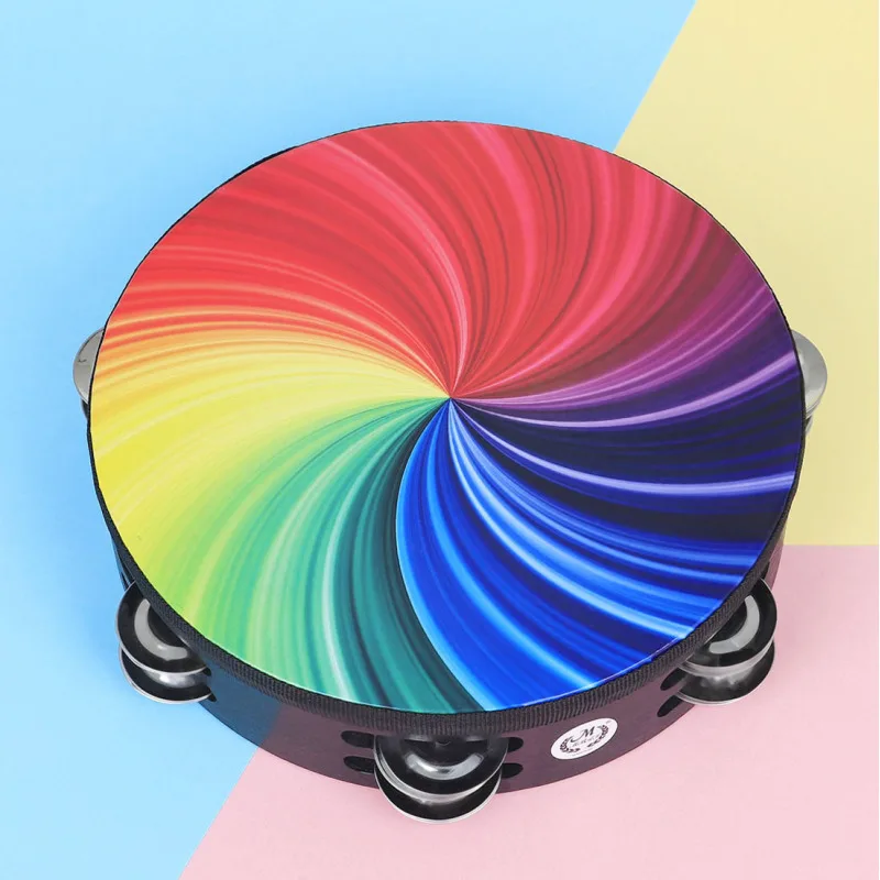 8 Inch Rainbow Tambourine Wooden Handbell Early Education Percussion Instrument with Double Row Jingles for Children Boys Girls