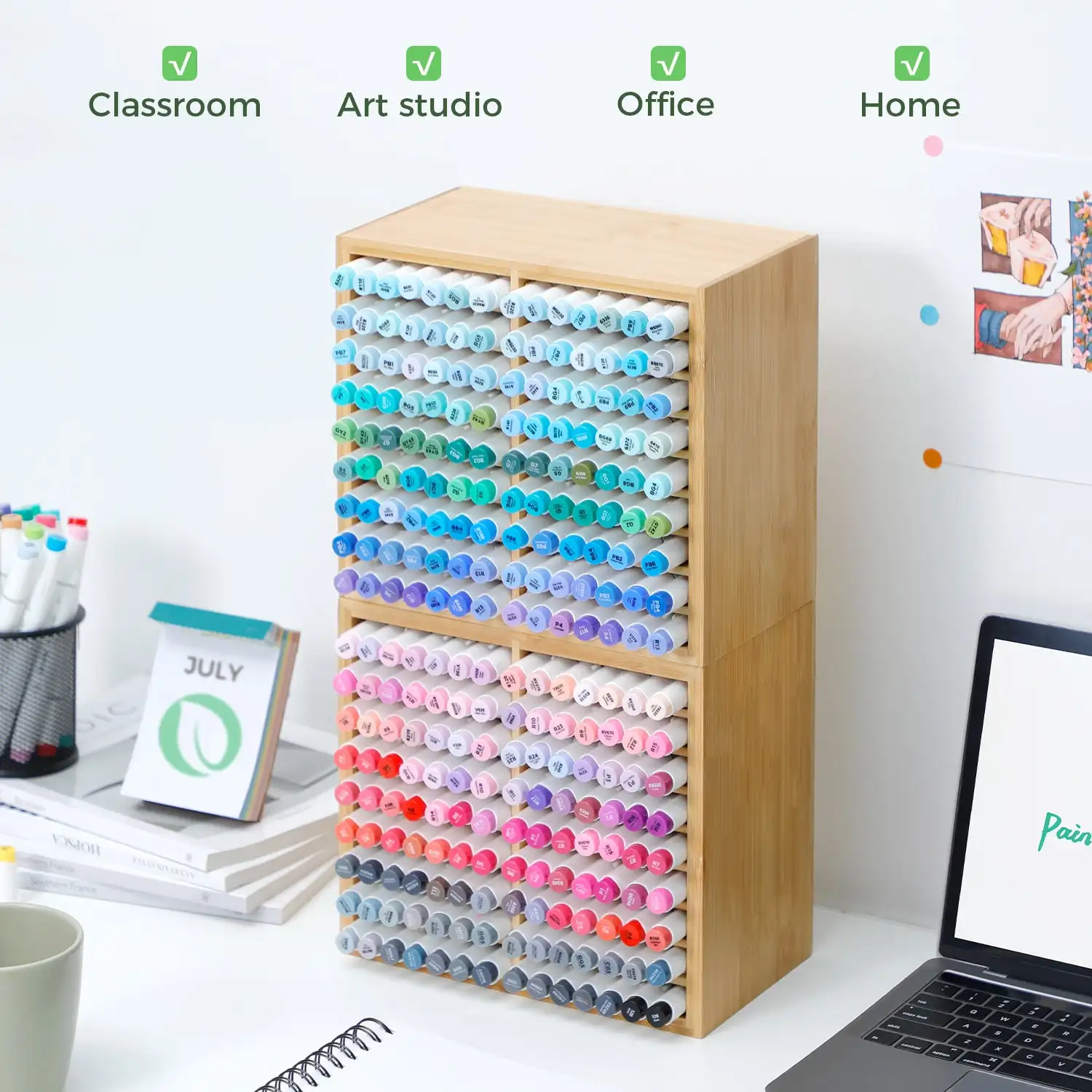Ohuhu Bamboo Marker Organizer Wooden Desktop Storage Hold 126 Markers Pens Pencils Art Brushes Stationary Organizer Pen Holder 3