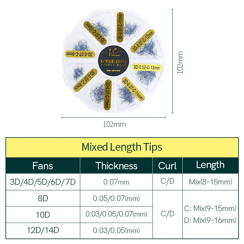 500 Fans Mix length Thin Pointy Base Premade Fans 3D/14D Volume Lash Narrow Stem Cluster Loose Fans Make Up Eyelash Extension