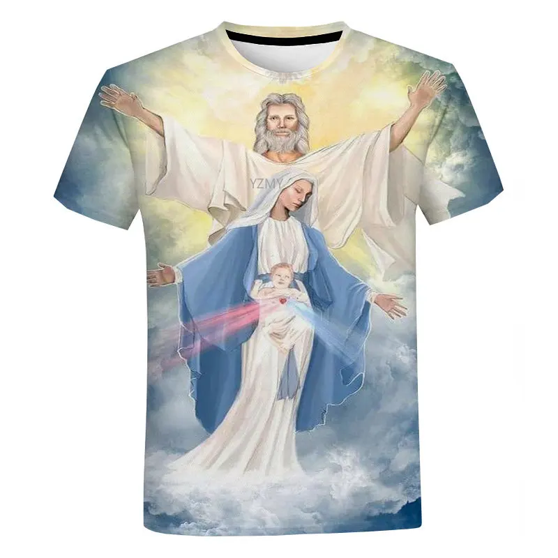 

Women Men Tshirt Virgin Mary T Shirt 3D Print Jesus Mother Oil Painting Portrait Rosary Prayer Streetwear Short Sleeve