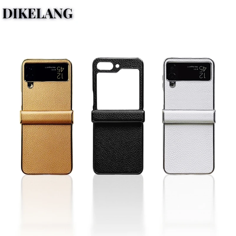 

Genuine Leather Electroplated Border High-end Phone Case for Samsung Galaxy Z Flip5 Flip4 Flip3 Litchi Grain Luxury Simple Shell