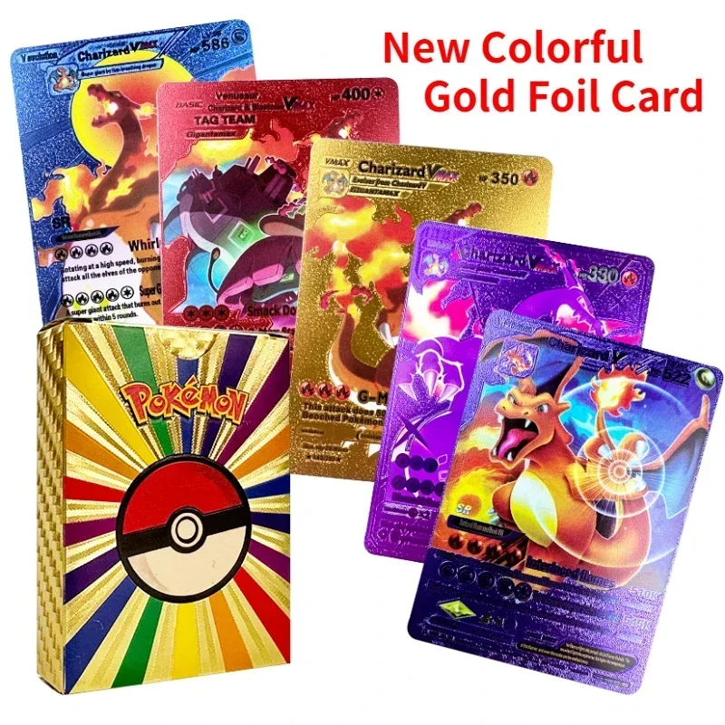 

27-55PCS Pokemon Colorful Gold Foil Card Charizard Pikachu Arceus Silver Rainbow English French German Spanish VSTAR VMAX Card