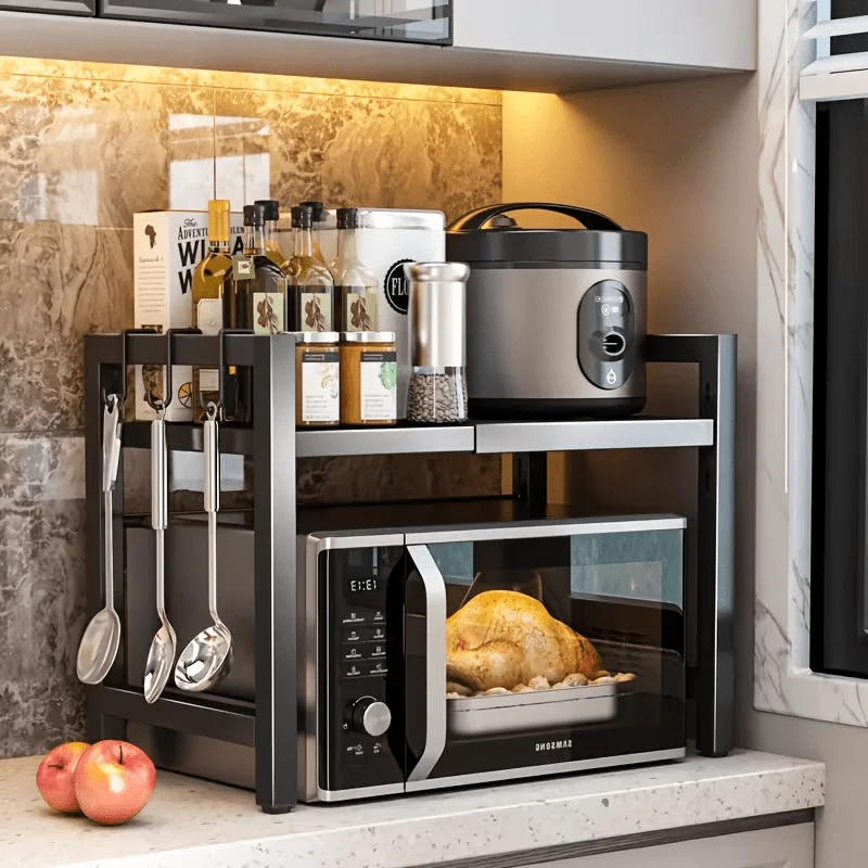 1pc Extendable Microwave Rack - 2- Tier Kitchen Countertop Organizer with Adjustable Shelves, Space- Saving Microwave Shelf, Durable Material, Suitable for Kitchen, Office, Storage Room Storage, Utility Racks