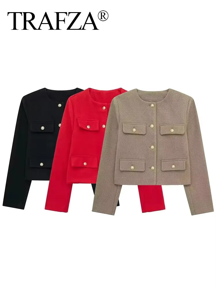 HH Women Vintage Solid Coat Long Sleeve O Neck Jacket With Metal Buttons Autumn Female Fashion Casual Office Lady Outerwear