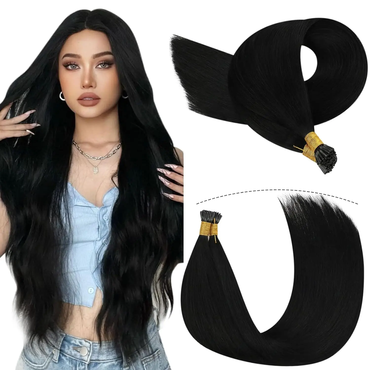 

Straight I Tip Hair Extensions Human Hair #1 Jet Black Human Hair Remy I Tip Human Hair Extensions 100Strands/Pack