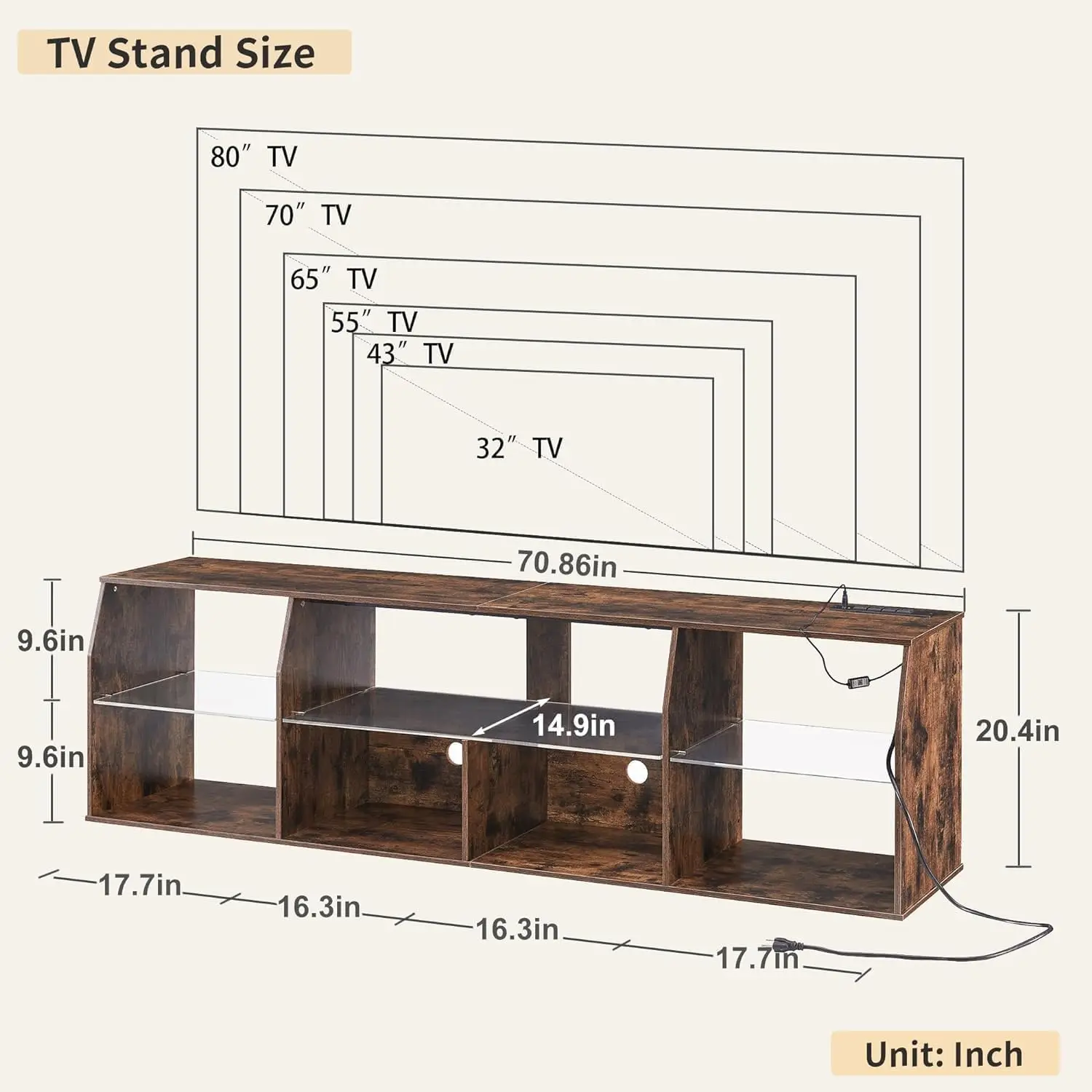 LED TV Stand, 70" Gaming Entertainment Center, 7 Open Shelves, Industrial Cabinet, Living Room, Bedroom, Retro Brown