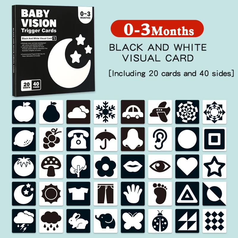Baby Black White Flash Card Educational Baby Toys 0-36 Months High Contrast  Visual Stimulation Flashcard Shape Sensory Toys