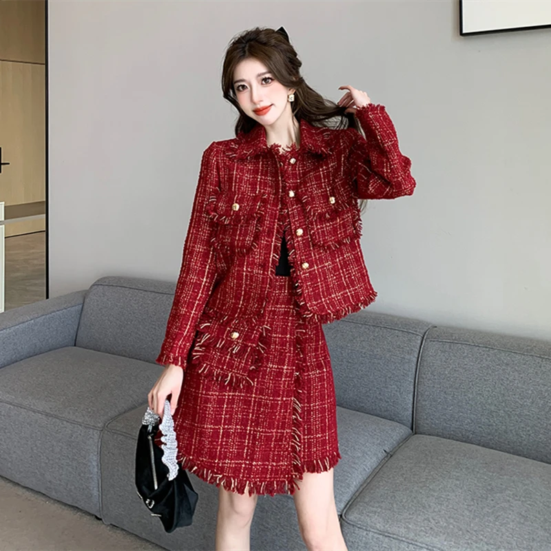 

Autumn and Winter New Matching Set Christmas Red Women Elegant Luxury Tweed Jacket Skirt Tweed Suit New Year's Party 2 Piece Set