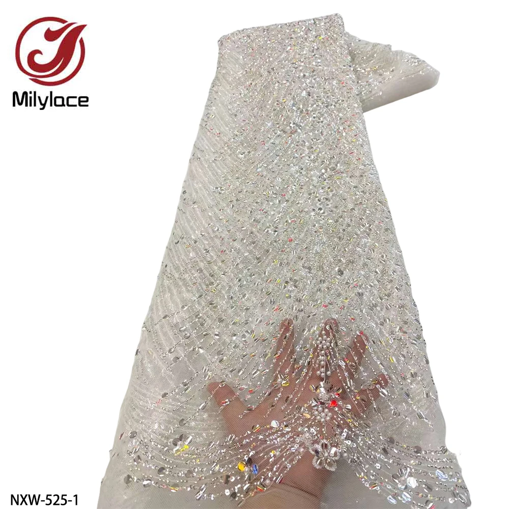 

Higerian French Lace Fabric 2022 Luxury Beaded Bridal Fabrics African Sequins Tulle Lace Fabric with Pearls for Wedding NXW-525