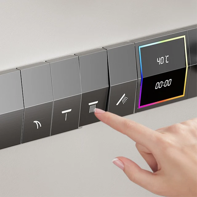 ระบบอาบน้ำทองเหลืองสีเทาสุดหรูการออกแบบจอแสดงผลดิจิตอล LED อัจฉริยะติดผนังควบคุมคู่แบบเย็น & ร้อน4ฟังก์ชั่น 5