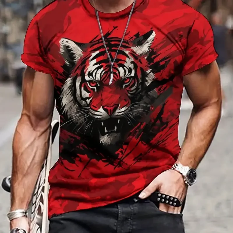 

Fashion Men's T-Shirt 3D Red Tiger Print Short Sleeve Tops Street Casual T Shirt Streetwear Oversized Tee Shirt Men Clothing