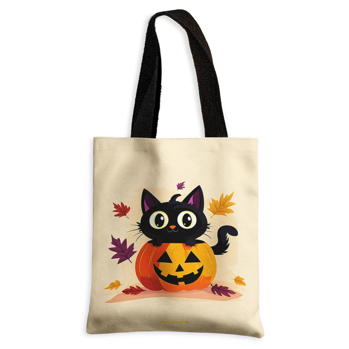 Halloween cartoon pumpkin and black cat pattern printed casual handbag, reusable fashionable shopping bag