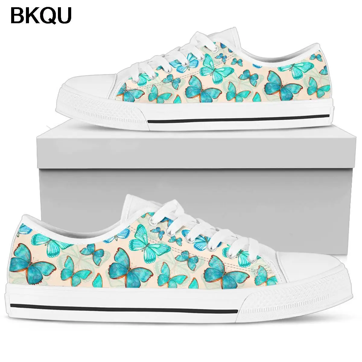 

BKQU 2022 Women Canvas Sneakers Low Top Spring Autumn Vulcanized Shoes Flat Ladies Lace Up Casual Watercolor Butterfly Sneakers