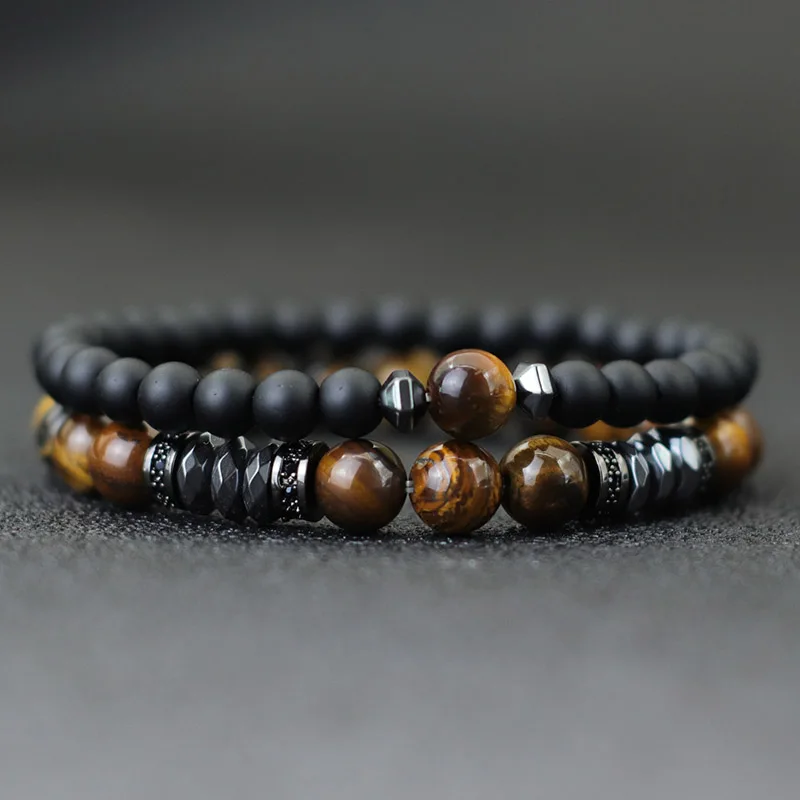 Men Stone Bracelet Luxury Black Zirconia Lapis Lazuli Tiger Eyes