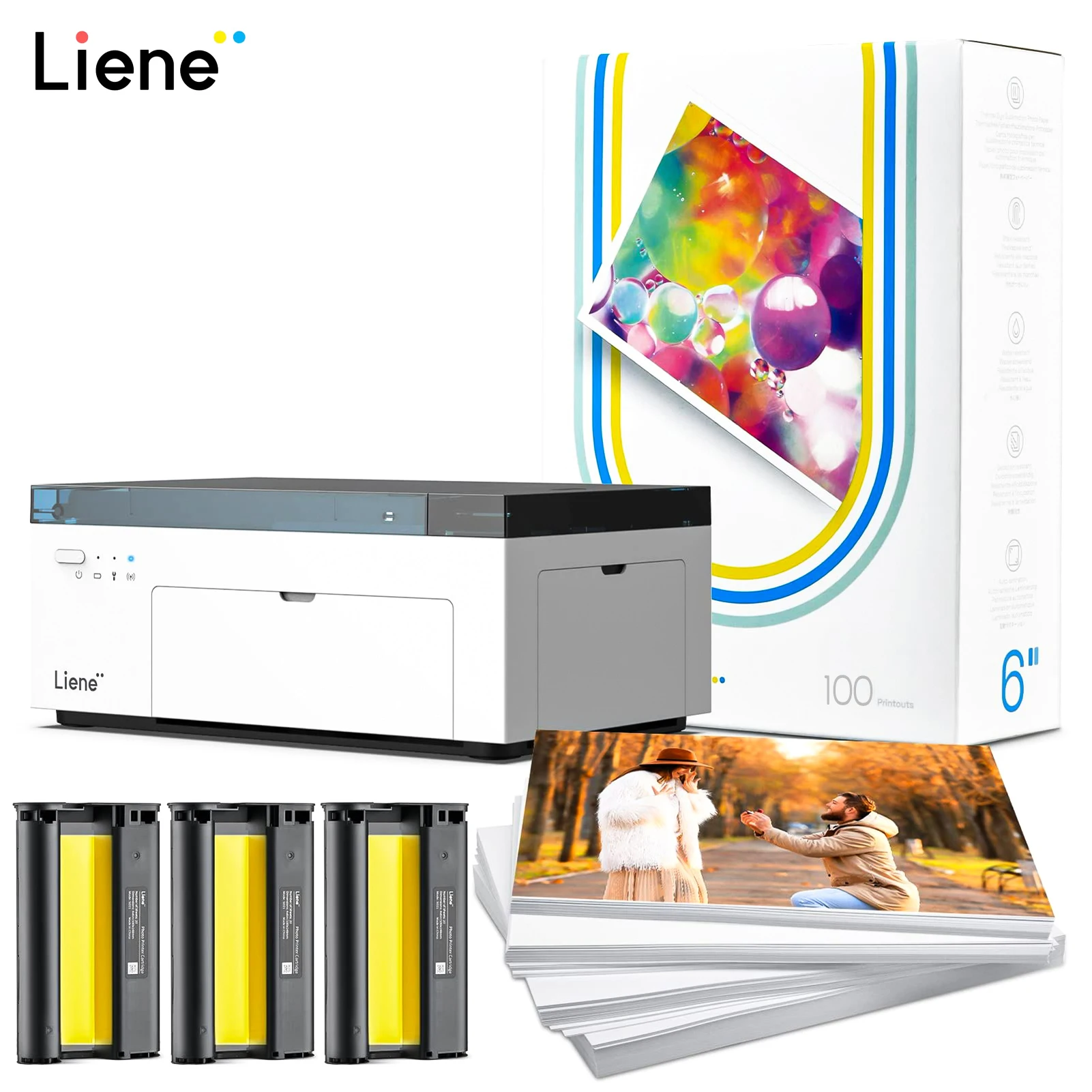 

Беспроводной фотопринтер Liene 4x6in, печать изображений 300DPI, полноцветный сублимационный мгновенный принтер 100, фотобумага, 3 картриджа