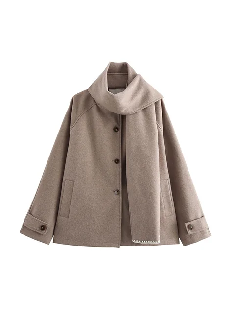 TRAF Women's Premium Scarf Trimmed Button Long Sleeve Jacket New Solid Colour Fashion Tweed Jacket Temperament Women's Clothing 2
