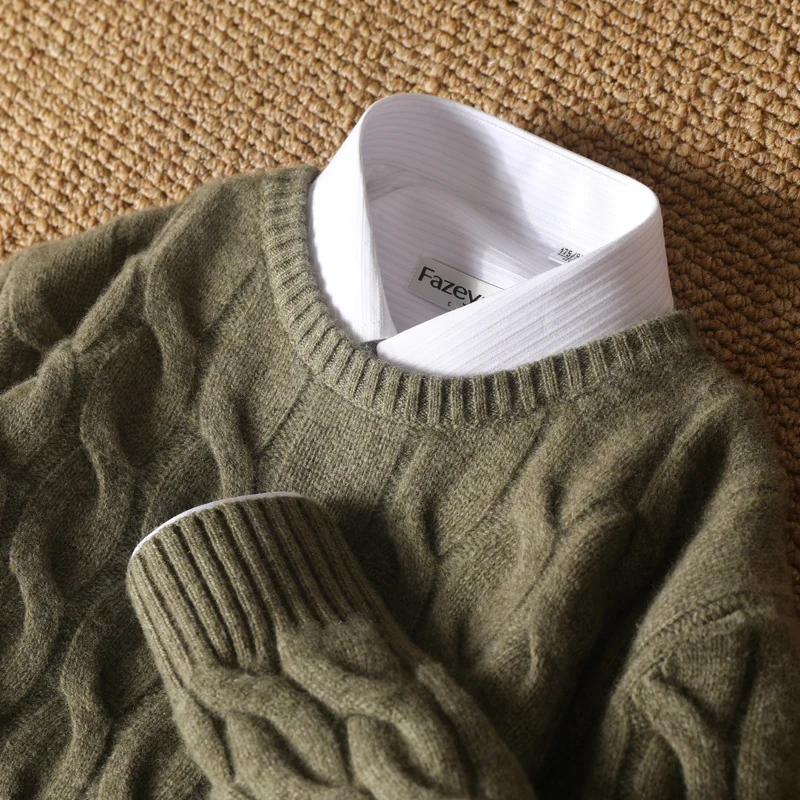 Autumn Winter Thickened Cashmere Sweater 100% Merino Wool Men's Top O-Neck Twisted Pullover Knitted Loose Long Sleeve Sweater 6