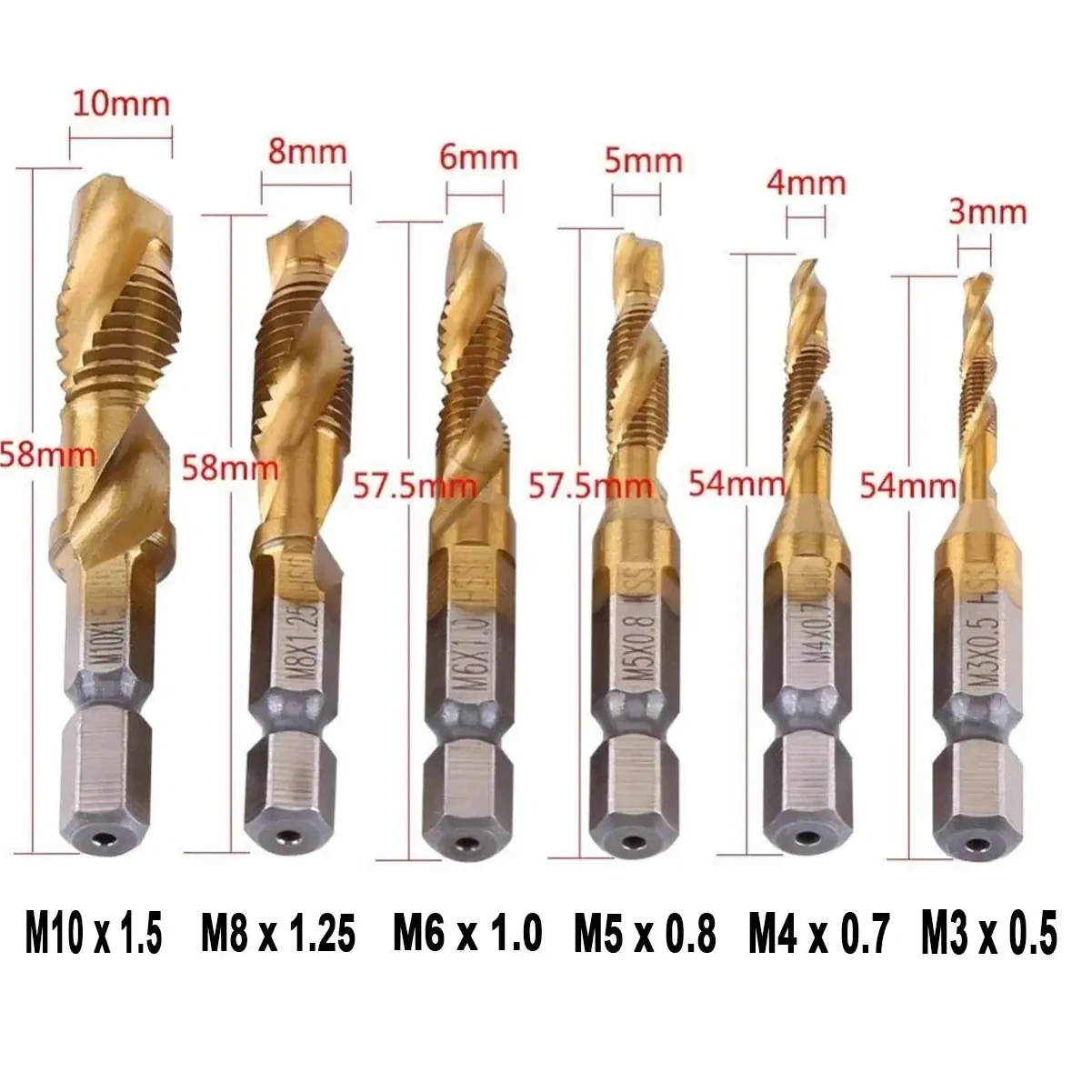 수공구: 육각 샹크 티타늄 도금 HSS 미터법 나사탭, 드릴 비트, 복합 나사탭 (M3, M4, M5, M6, M8, M)