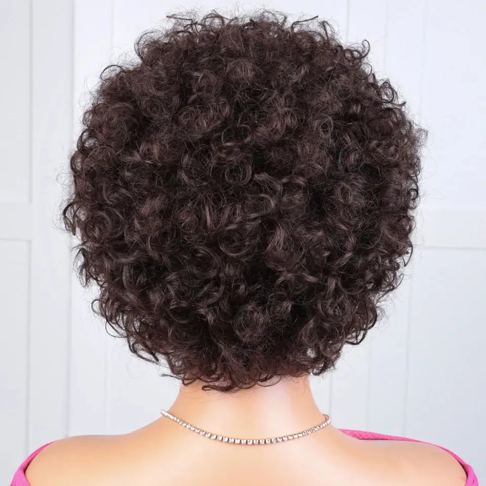 Human Hair Wigs Sleek Short Afro Curly Bob With Bangs For Women Brazilian Remy Hair Wear and Go Natural Brown Kinky Curly