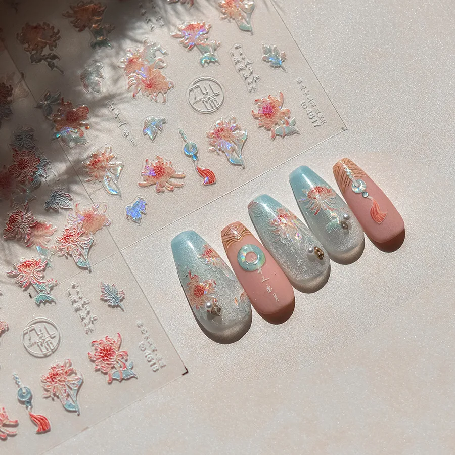 Flash Pink Queen Chrysanthemum Jade Pendant Adhesive Nail Stickers Art Decals Manicure Accessories T-4617 5