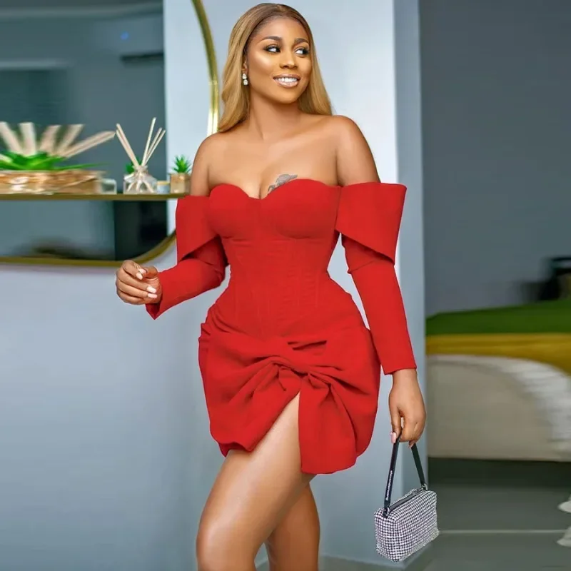

KEXU Off Shoulder Long Sleeve Tunic High Waist Birthday Bowknot Hem Bodycon Midi Women Dress 2024 Sexy Party Dresses Vestidos