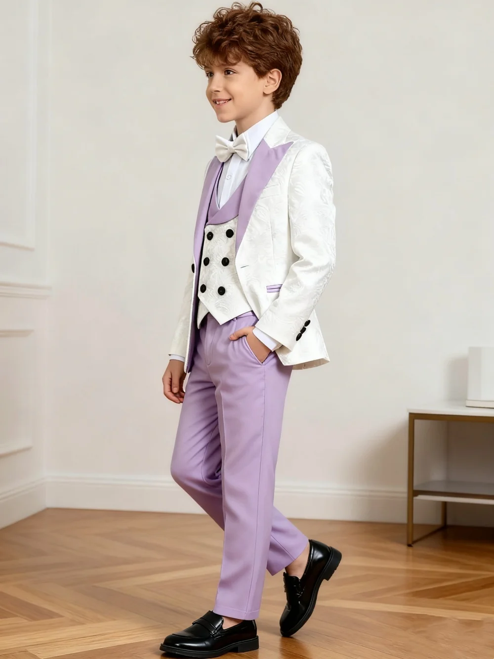 Hot Selling Luxury Lilac White Jacquard Boys Suit Set 4 Piece 3-14 Years Slim Fit Jacket Vest Pants Bow Tie Kids Wedding Formal
