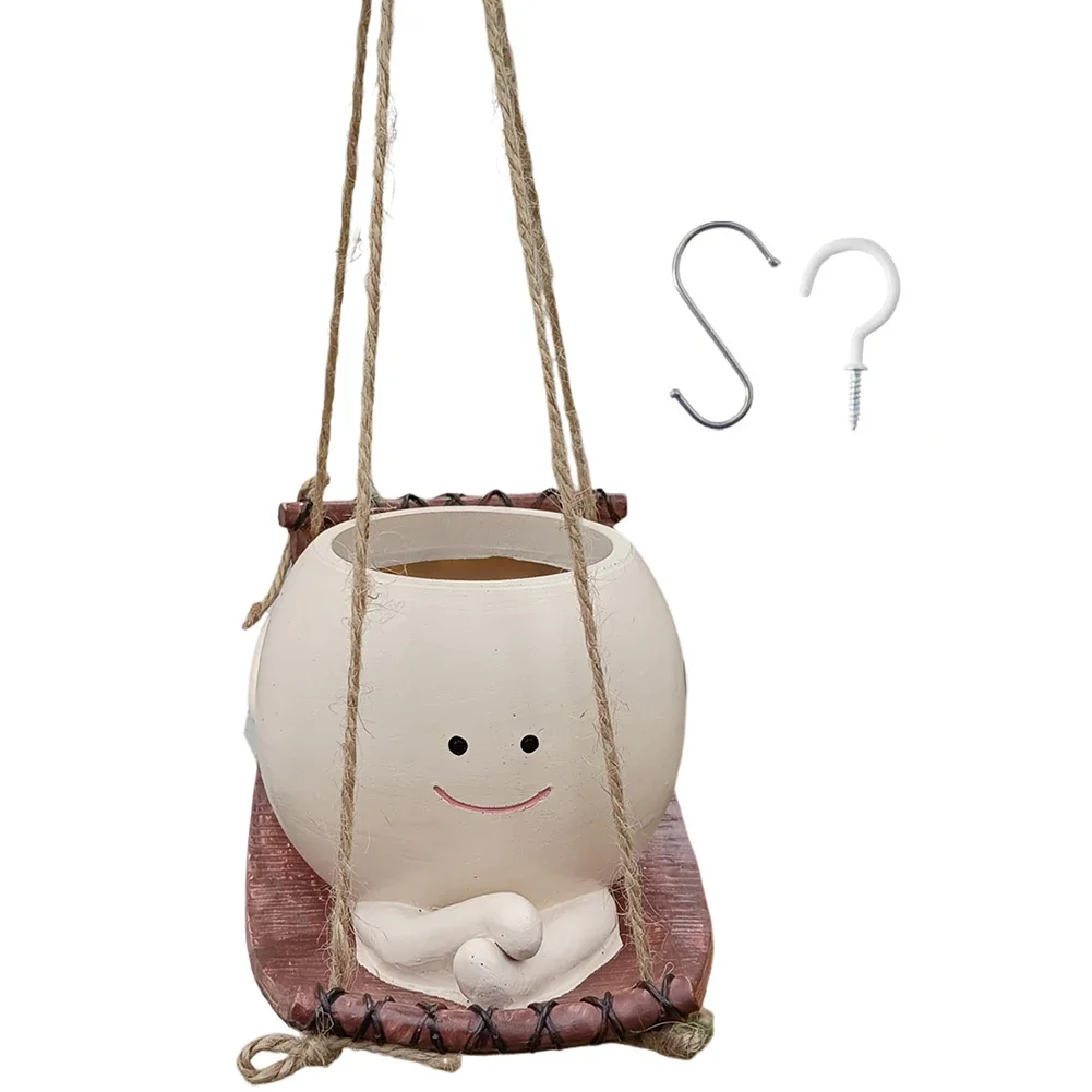 Hanging Hammock Planter Resin Swing Smile Face Planter Creative Cute Plant Succulent Pots for Indoor Outdoor Plant